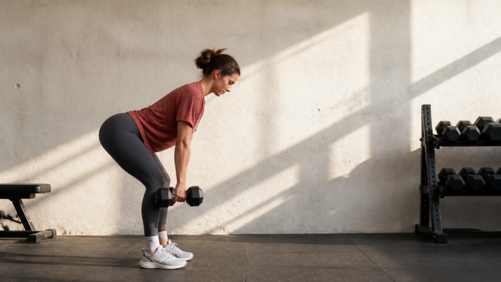 Beginner practicing a light dumbbell hip hinge with the weights close to her legs.