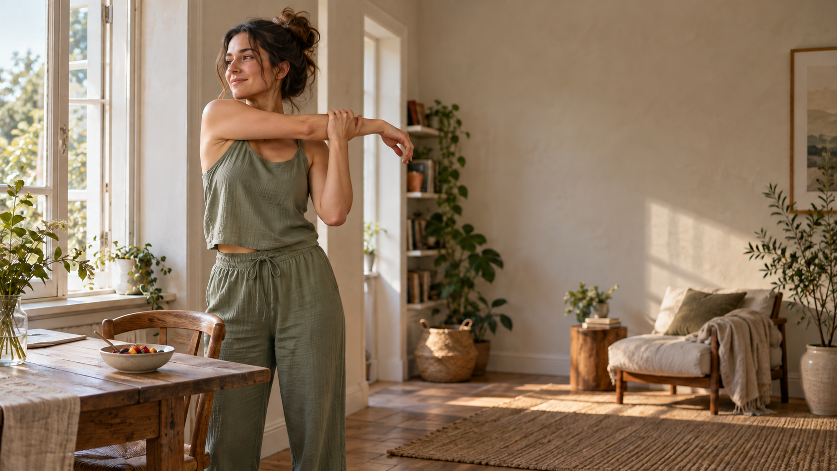 A woman gently stretching beside a sunlit window, with breakfast on a nearby table.