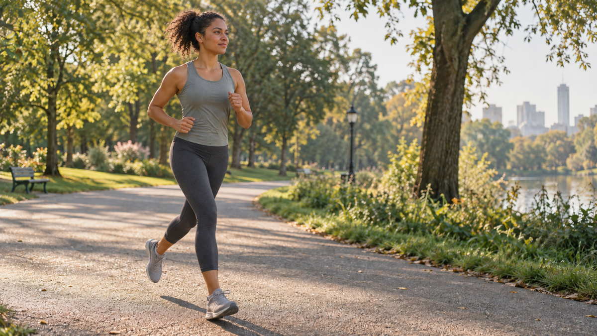 A beginner runner follows a 10k training program for beginners on a sunlit park path.