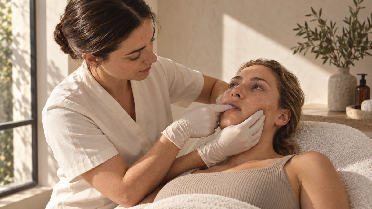 Professional buccal massage with a new gloved finger positioned gently inside the client’s cheek