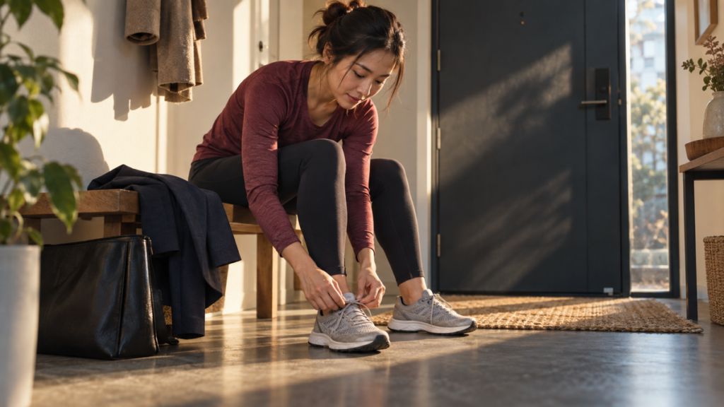 Woman tying her running shoes at home after a busy workday.