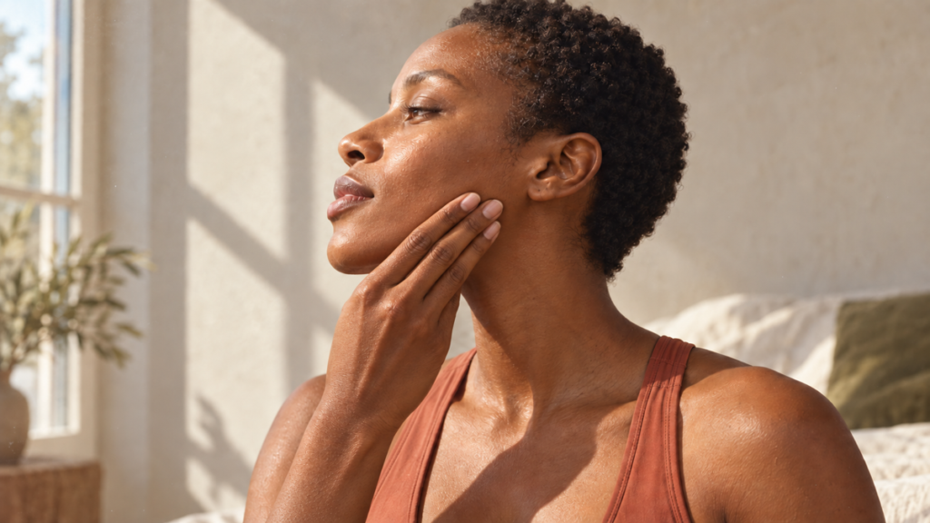 Woman using broad fingertips for a slow outward glide from chin toward ear.