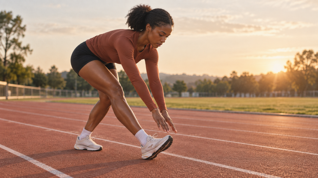 Woman performing a controlled dynamic hamstring sweep on an outdoor track before training.