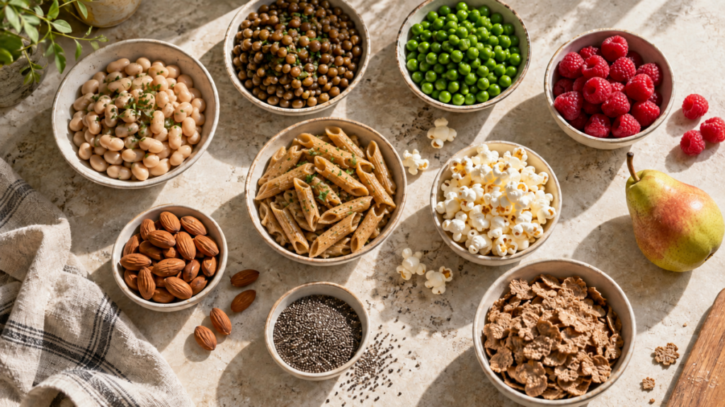 Overhead arrangement of beans, lentils, peas, raspberries, pear, whole-wheat penne, popcorn, almonds, chia seeds, and bran cereal in small bowls.