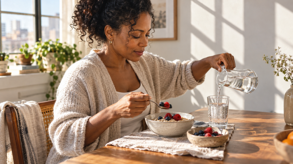Woman pouring water while adding a small spoonful of berries to oatmeal at a sunlit breakfast table.