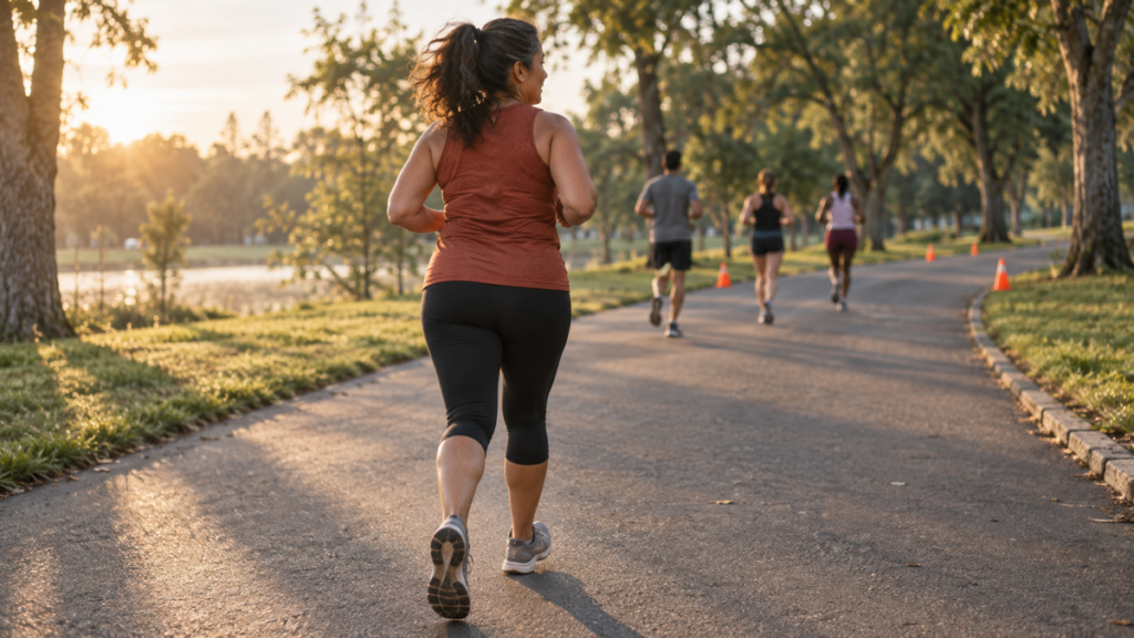 First-time 10K participant beginning at an easy pace on a closed park path.