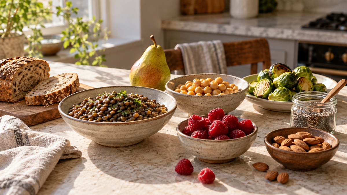 Sunlit kitchen table with high-fiber foods including lentils, chickpeas, raspberries, pear, whole-grain bread, Brussels sprouts, almonds, and chia seeds.