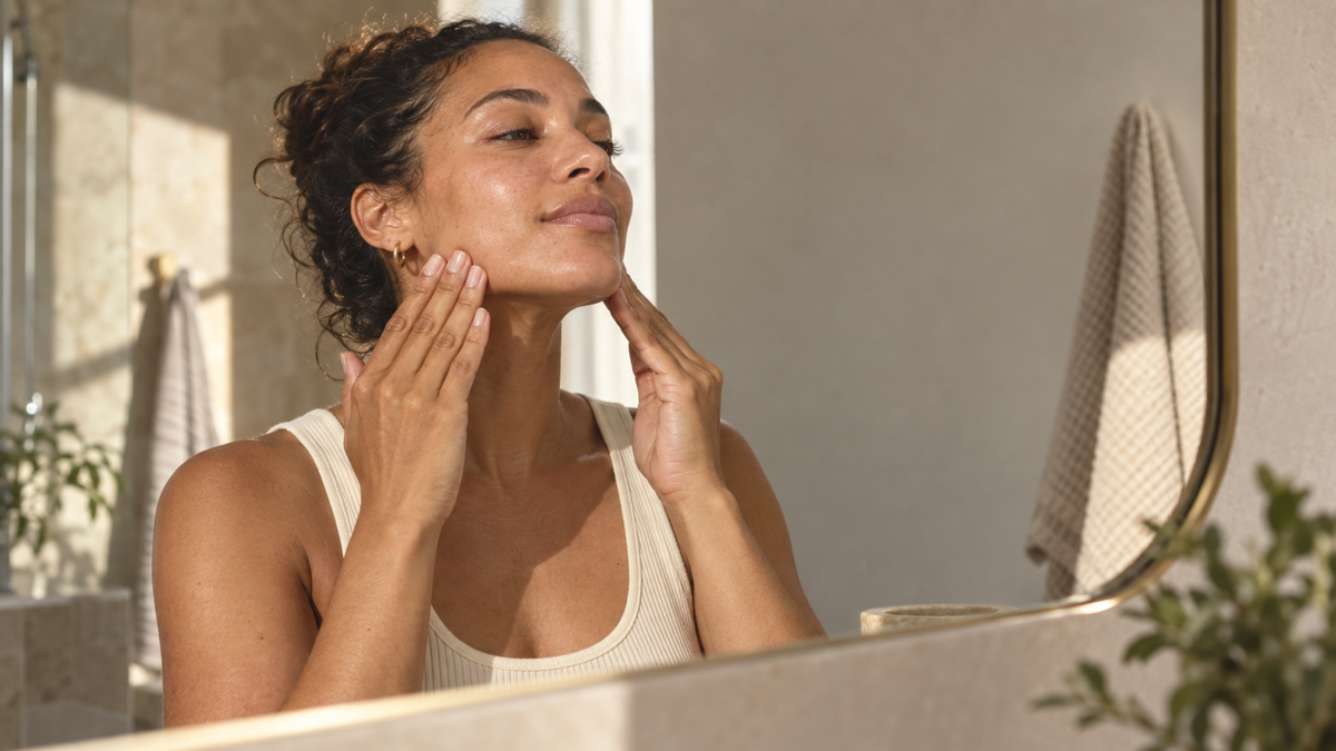 Woman performing a gentle jawline massage with flat fingertips in warm morning light.