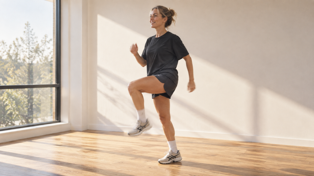 Woman marching in place with coordinated arm swings during a gentle warm-up at home.