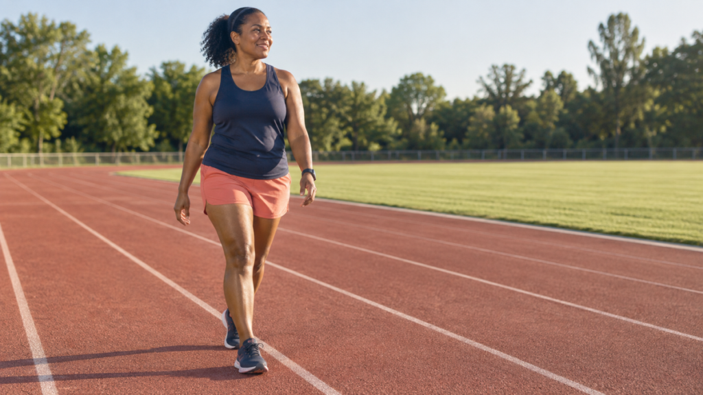 Beginner runner taking a planned walking break during a track workout.