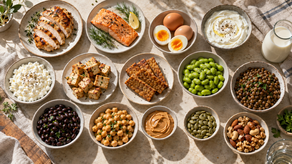 Overhead arrangement of realistic portions of chicken, salmon, eggs, dairy, tofu, beans, lentils, seeds, and nuts.