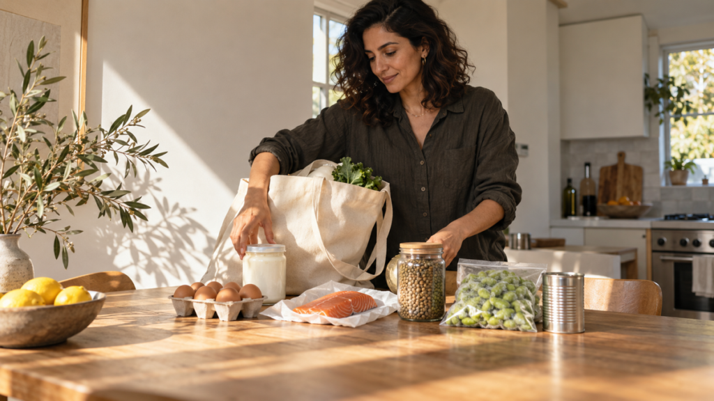 Woman unpacking eggs, yogurt, salmon, lentils, edamame, and canned beans from a reusable grocery bag.