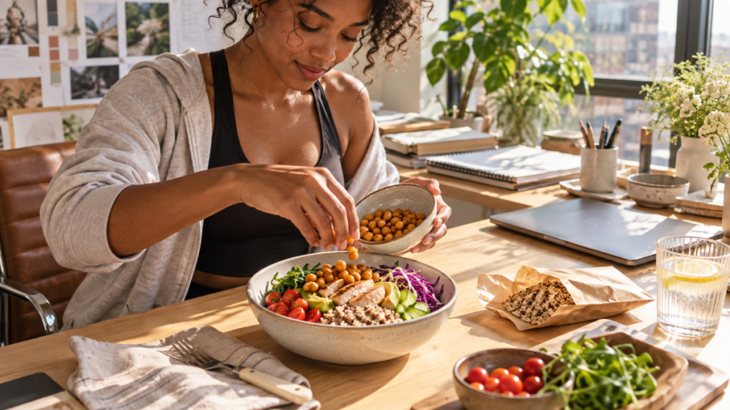 Woman adding chickpeas to a grain bowl with chicken and vegetables at a sunny work desk.
