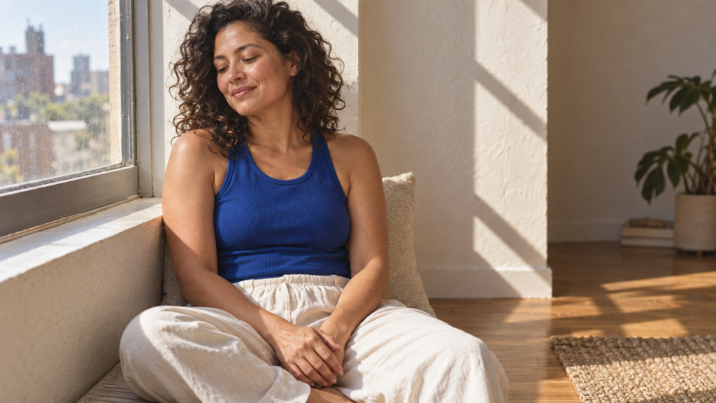 Woman resting both hands in her lap after a short facial routine.