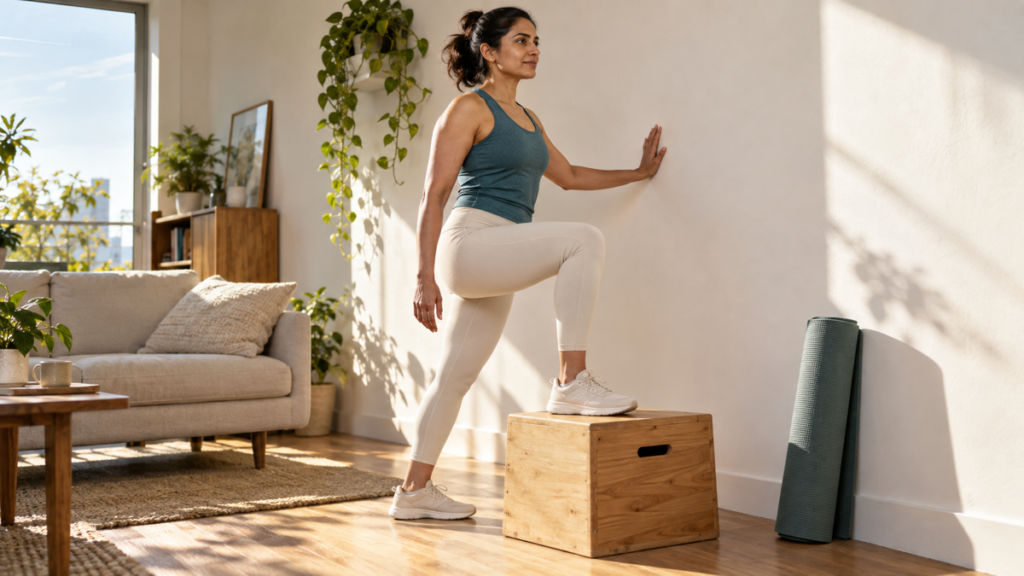 Beginner runner performing a supported step-up on a low box at home.
