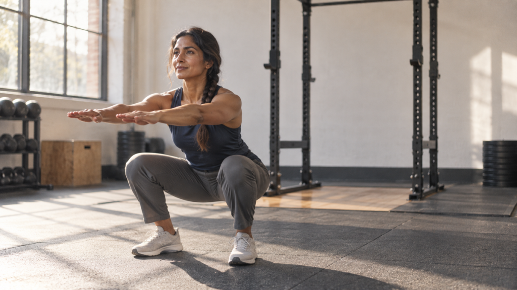 Woman rehearsing a controlled bodyweight squat in front of an empty rack before strength training.