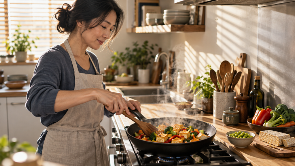 Woman cooking crisp tofu and vegetables in a skillet with edamame and tempeh nearby.
