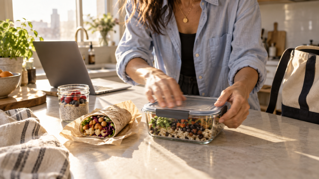 Woman packing a black bean rice bowl beside a chickpea wrap and berry overnight oats in a bright kitchen.
