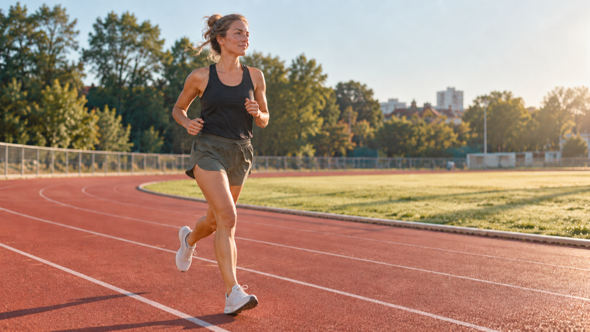 A woman begins an easy track session for a 5k run training plan for beginners in warm morning light.