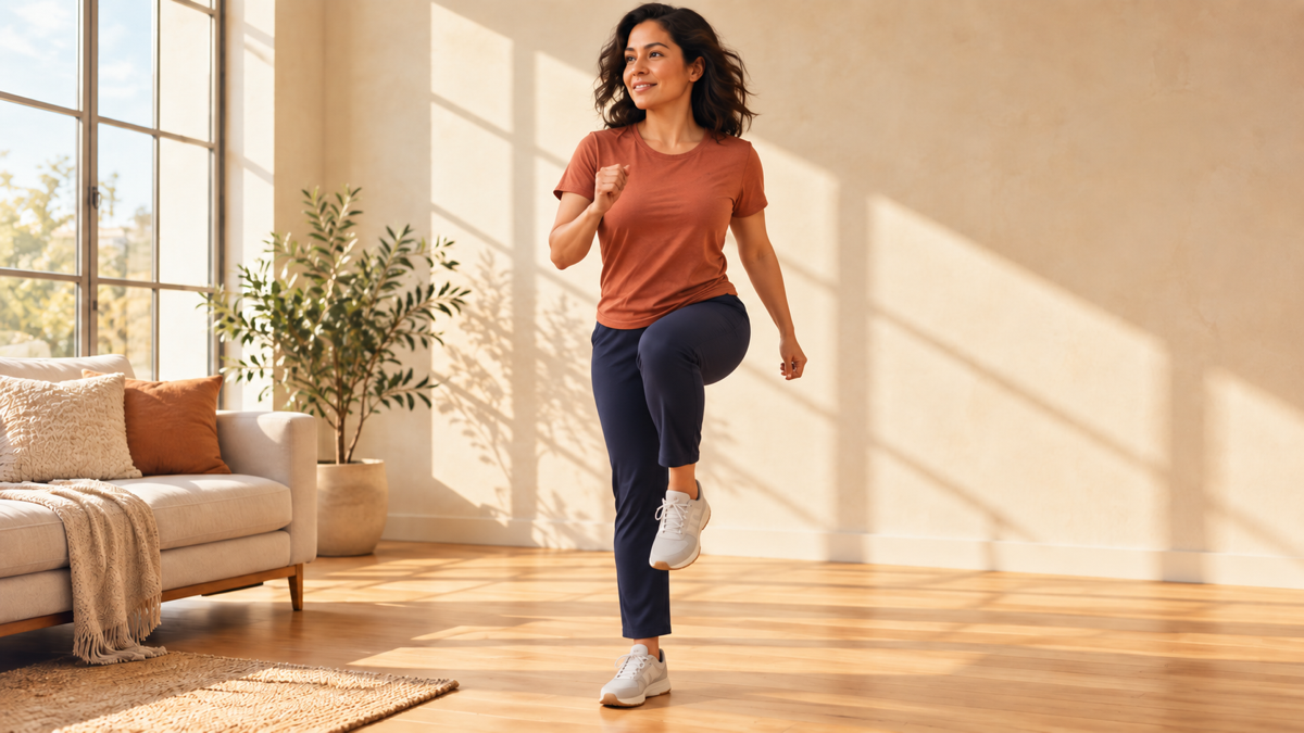 A woman starts aerobic exercise for beginners by marching in place in a clear, sunlit living room.