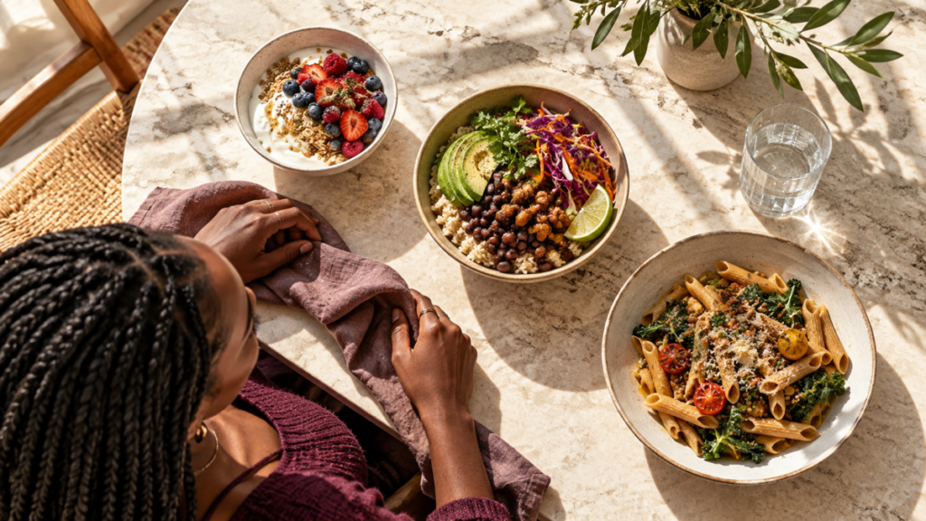 Black woman at a sunlit table with a yogurt-and-berry bowl, a rice-and-bean bowl, and vegetable lentil pasta.