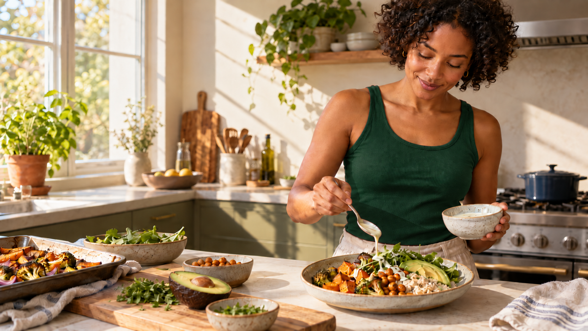 Woman assembling a plate with vegetables, rice, chickpeas, and avocado, showing what a balanced meal consists of.