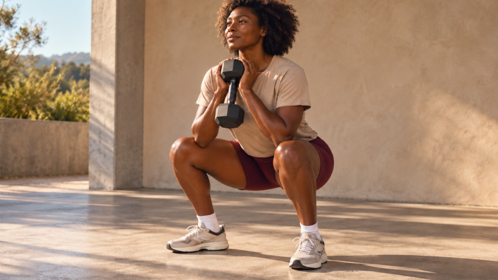 A woman holds one light dumbbell at her chest in a controlled goblet squat.