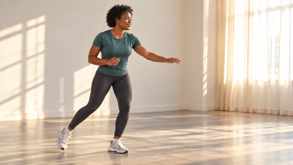 A Black woman performs a controlled step-touch with soft knees in a bright, uncluttered studio.