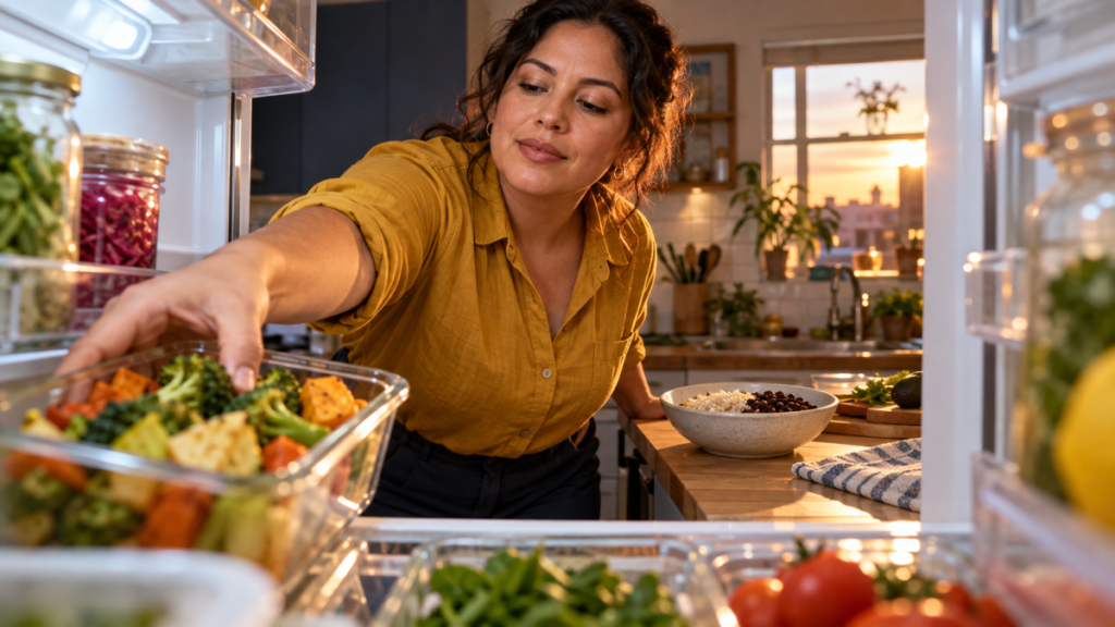 Latina woman reaching into a refrigerator for cooked vegetables beside a simple bowl of rice and beans.