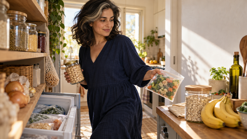 Middle Eastern woman choosing beans and frozen mixed vegetables from a sunlit kitchen pantry and freezer.