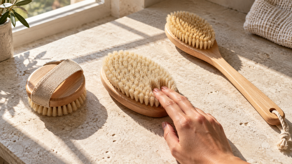 Three plain wooden body brushes in sunlight while a hand checks the softness of the bristles.