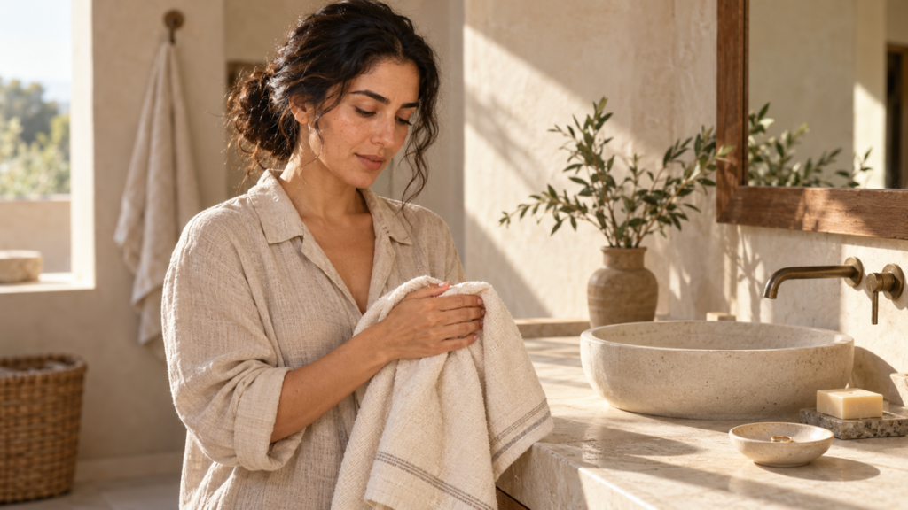 Woman drying freshly washed hands beside a clean sink before touching her face, with a removed ring resting in a small dish.