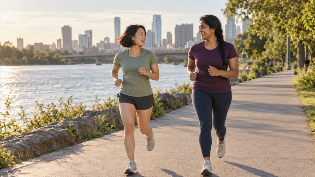 Two women jog side by side and talk comfortably on a riverside path.