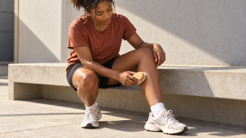 Woman lightly testing a natural-bristle body brush on the outer lower leg before starting a routine.