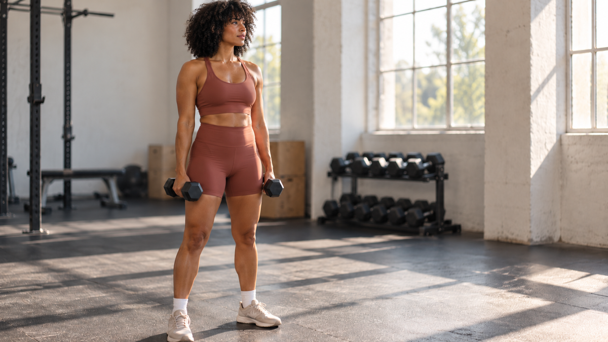 A woman holding two light dumbbells in a sunlit gym for dumbbell workouts for beginners.