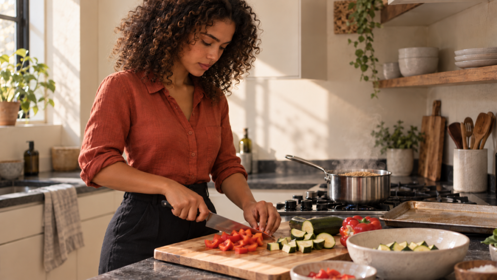 A woman chops vegetables while grain cooks and a sheet pan waits nearby in a compact home kitchen.