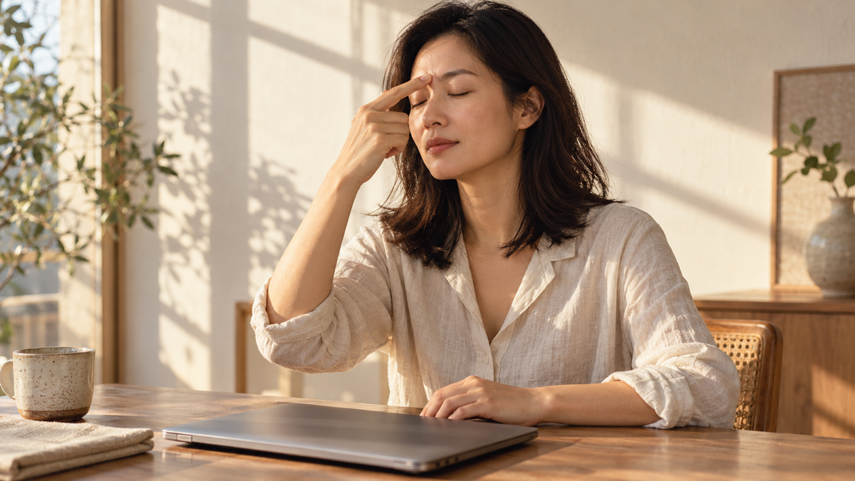 Woman practicing facial pressure points with one clean fingertip between her eyebrows after closing her laptop.