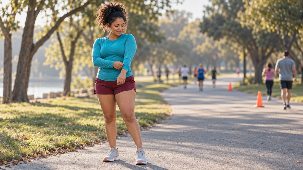 A woman calmly adjusts her sleeve before a small community 5K on a park path.