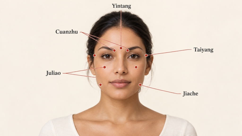 Front-facing map of facial pressure points showing Yintang at the center and bilateral Cuanzhu, Taiyang, Juliao, and Jiache areas.