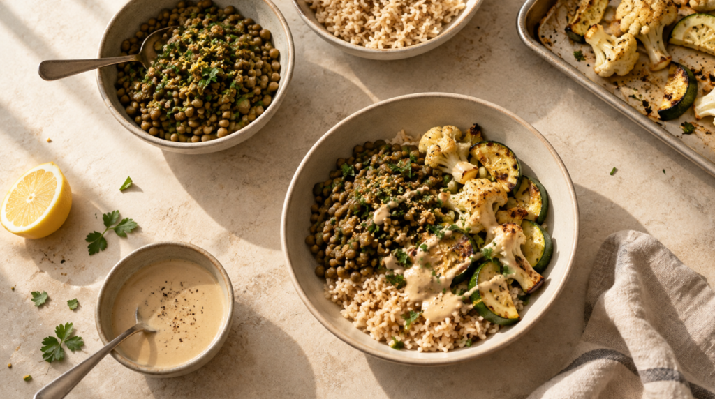 Lentils, brown rice, roasted vegetables, and tahini sauce arranged as a flexible meal-prep formula.