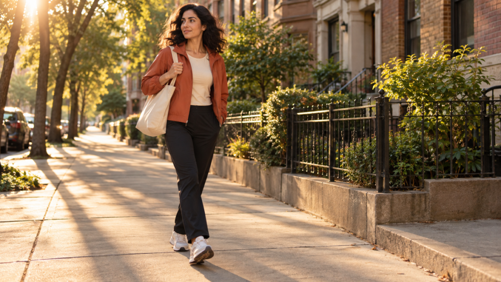 A woman takes an easy evening walk home in running clothes with a simple work tote.
