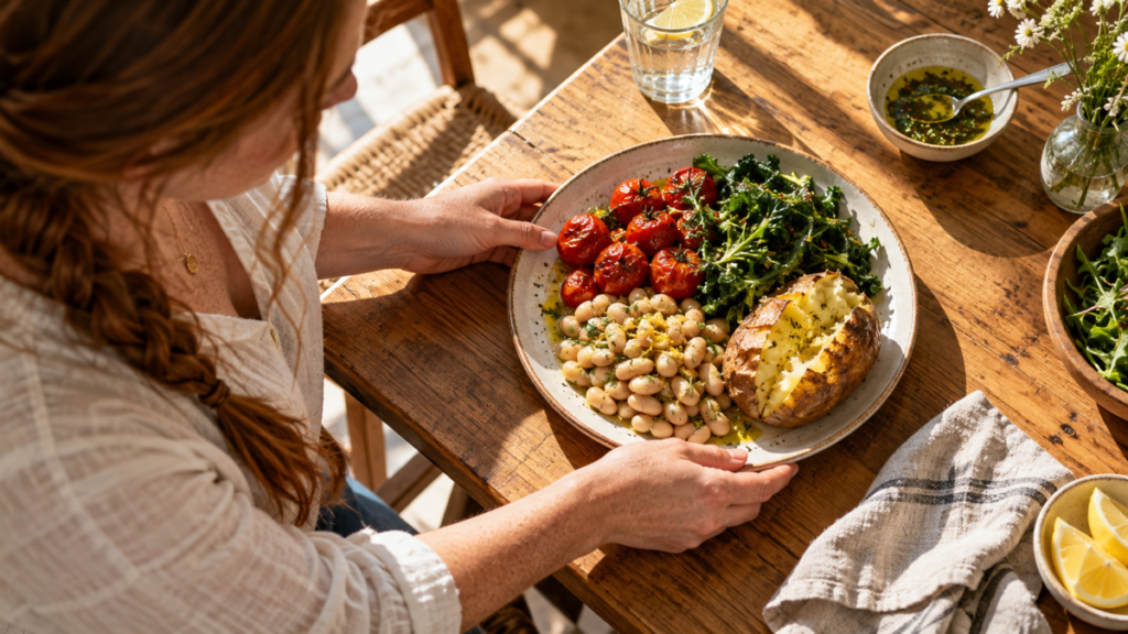Overhead view of a woman holding a plate with roasted tomatoes, greens, white beans, a baked potato, and herb dressing.