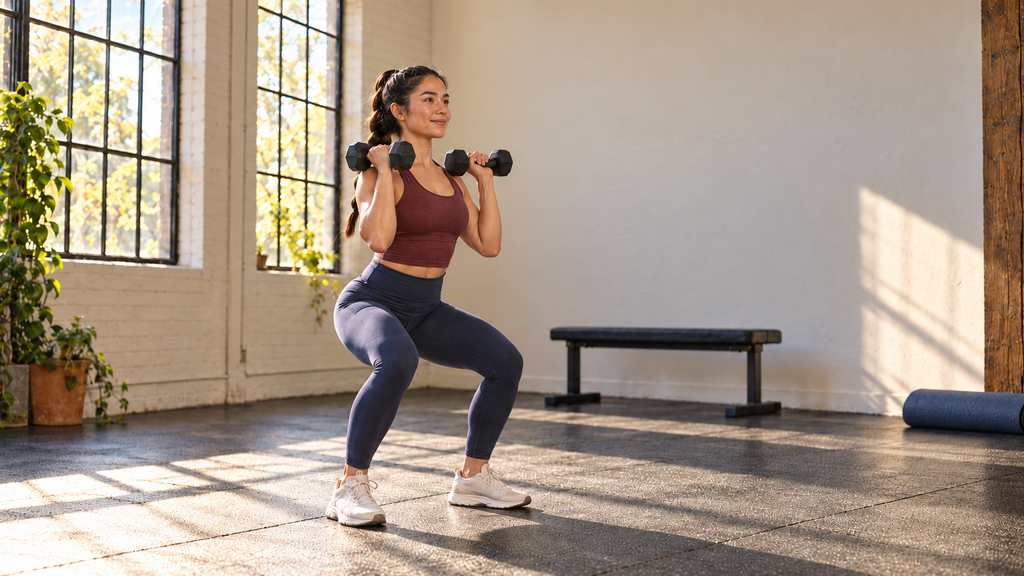 A woman performs a controlled shallow dumbbell squat with both weights held at shoulder height during a full-body routine.