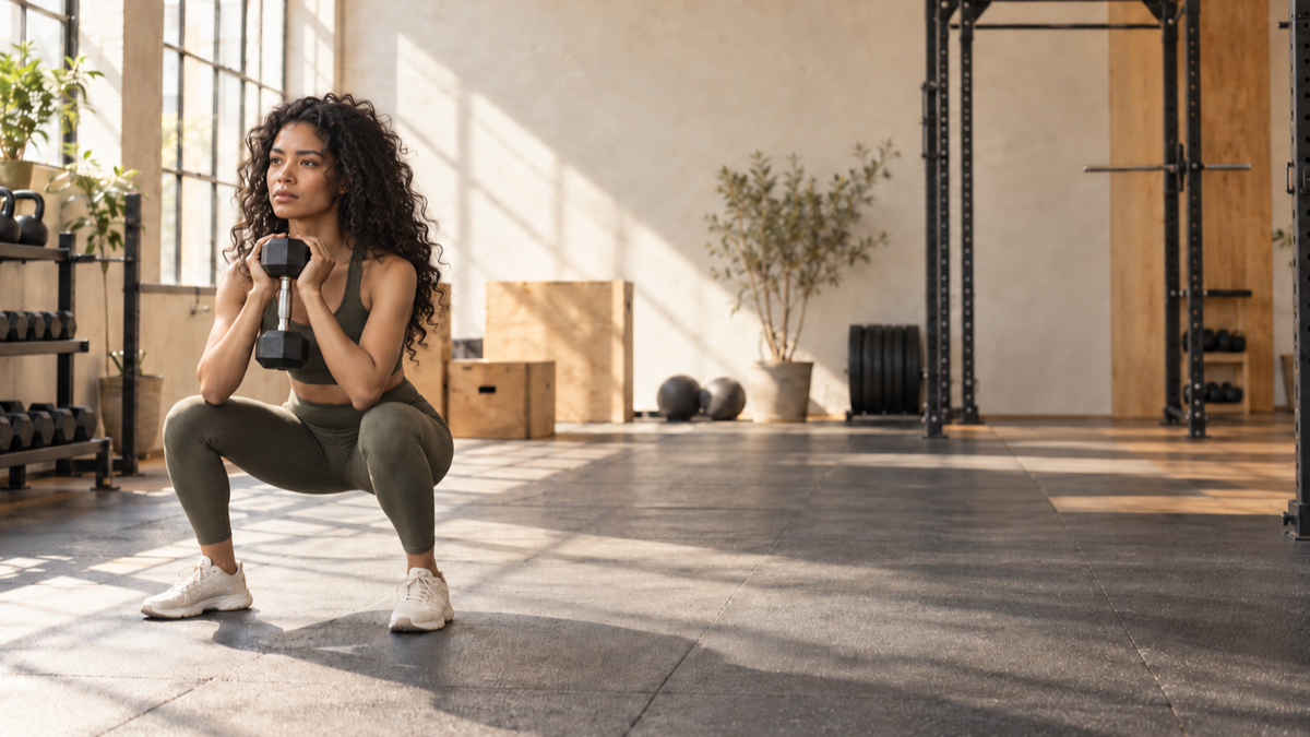 A young adult woman with a slim athletic build and long natural curls performs a controlled goblet squat in a sunlit gym for a full body vs split guide.