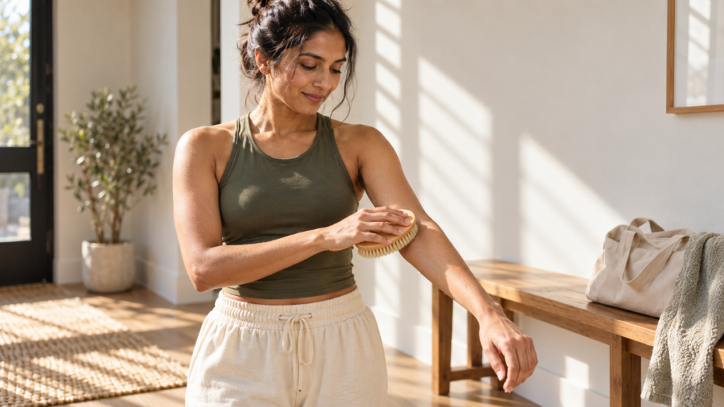 Woman using a small body brush with light pressure on the outer arm in a bright apartment.