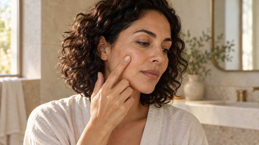 Woman using one fingertip to test light, comfortable pressure on her upper cheek without digging into the skin.