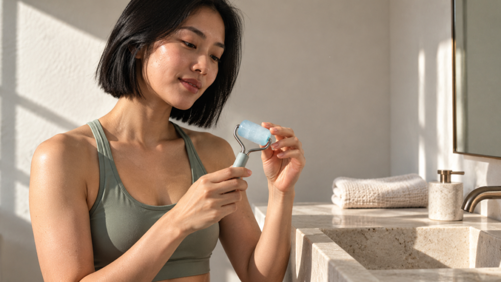Woman inspecting the smooth gel roller head and turning mechanism before using it on clean skin.