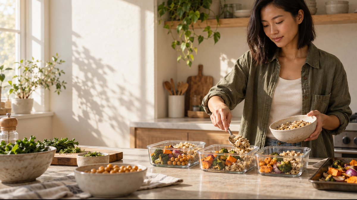 A woman practices meal prep for beginners by portioning grains, roasted vegetables, and chickpeas into three containers.
