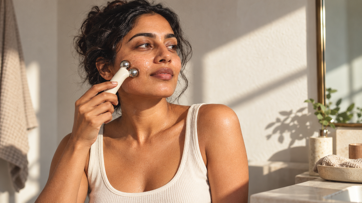 Woman using an unbranded device for microcurrents for the face in natural sunlight.