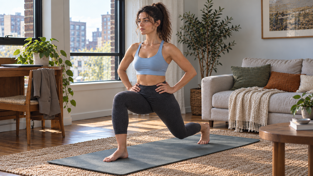 A woman performs a controlled bodyweight reverse lunge at home beside a closed laptop and folded work jacket.